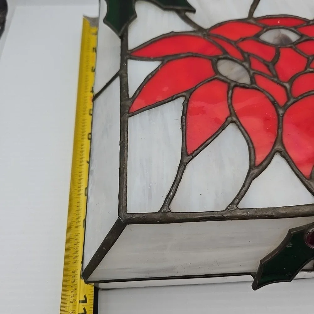Leaded Stained Glass Hinged Jewelry Box With‎ Christmas Poinsettia
